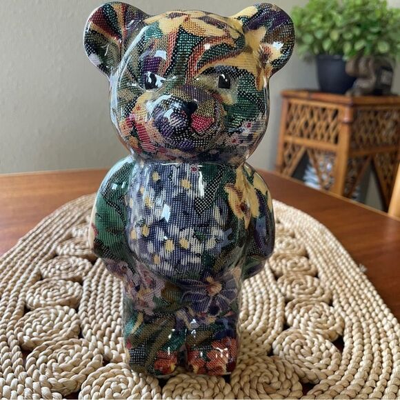 Joan Baker Designs Original Porcelain Decoupage Floral Patchwork Bear Figurine - Picture 2 of 10